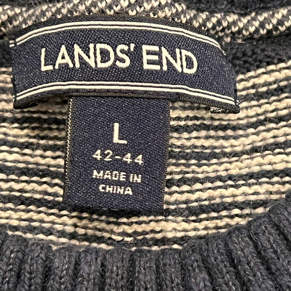 Lands End nautical maritime sweater cotton‎ linen blend navy blue white stripes - Picture 6 of 11